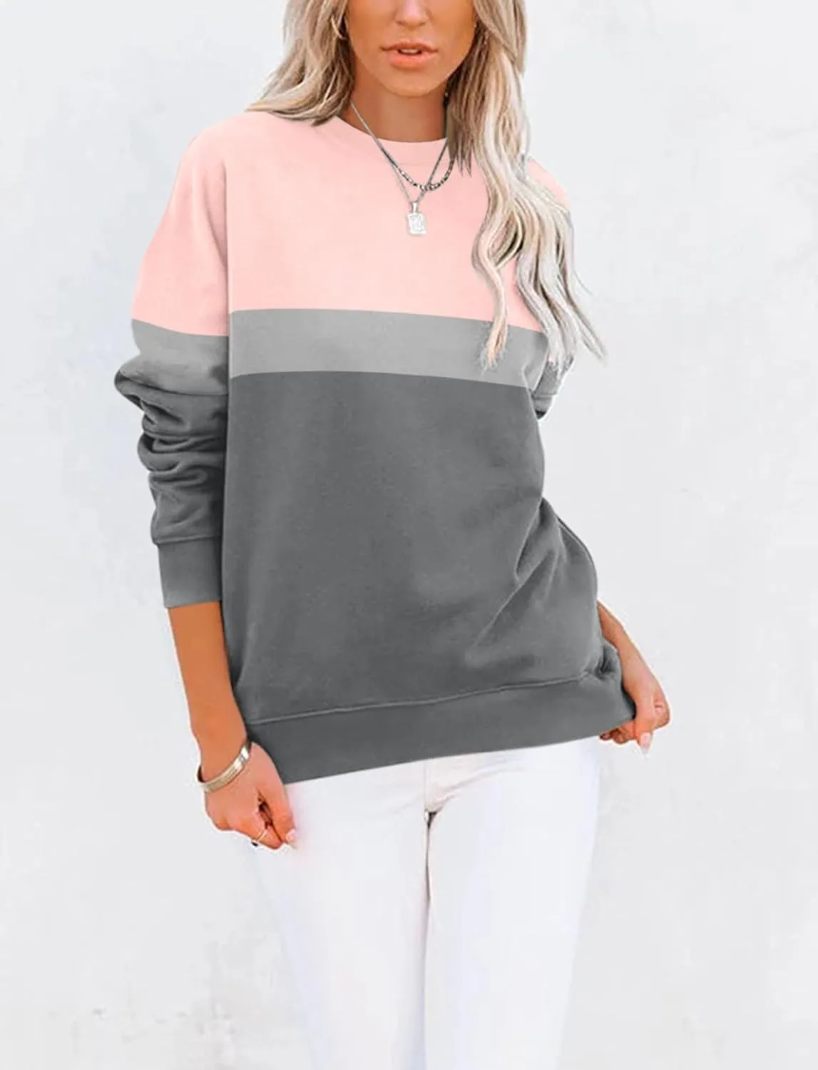 TICTICMIMI Women's Casual Long Sleeve Color Block/Solid Tops Crewneck Sweatshirts Cute Loose Fit Pullover with Pockets