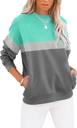 TICTICMIMI Women's Casual Long Sleeve Color Block/Solid Tops Crewneck Sweatshirts Cute Loose Fit Pullover with Pockets