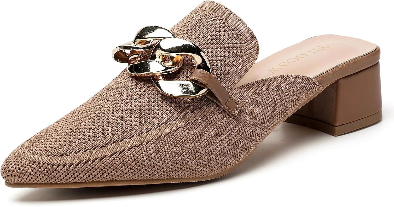 Tilocow Metal Chain Decor Mules Heels for Women Chunky Heeled Sandals Slip on Closed Toe Slides for Women Backless Mules