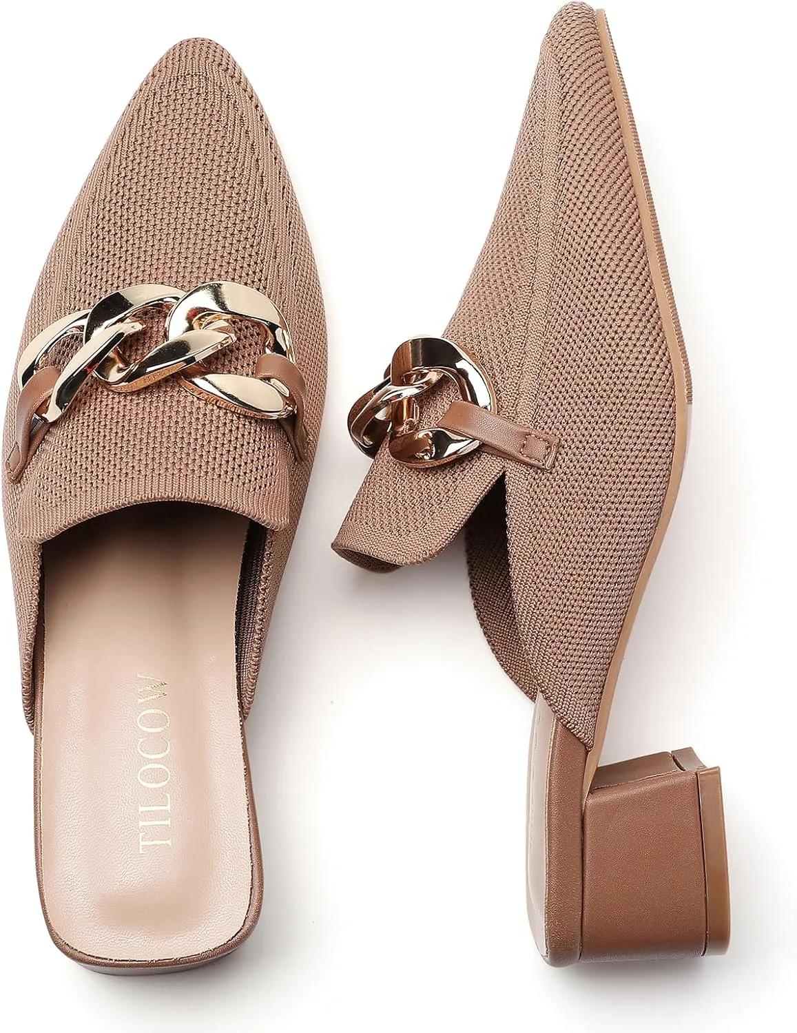 Tilocow Metal Chain Decor Mules Heels for Women Chunky Heeled Sandals Slip on Closed Toe Slides for Women Backless Mules