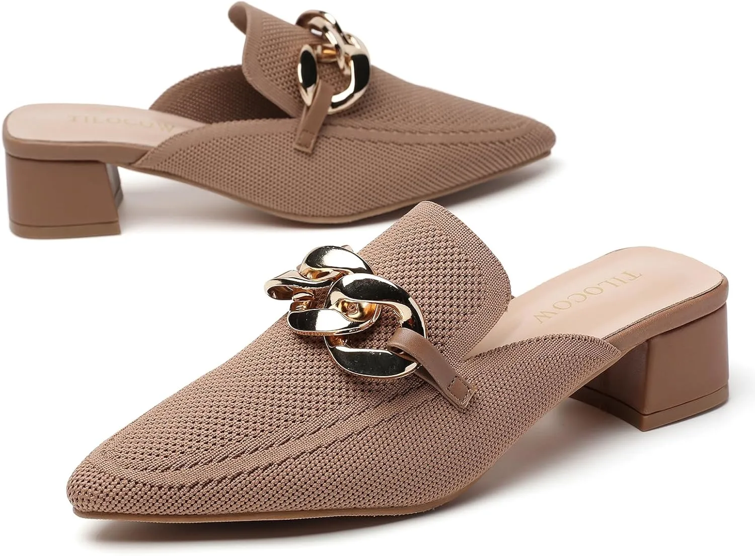 Tilocow Metal Chain Decor Mules Heels for Women Chunky Heeled Sandals Slip on Closed Toe Slides for Women Backless Mules