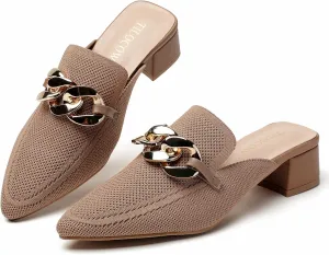 Tilocow Metal Chain Decor Mules Heels for Women Chunky Heeled Sandals Slip on Closed Toe Slides for Women Backless Mules