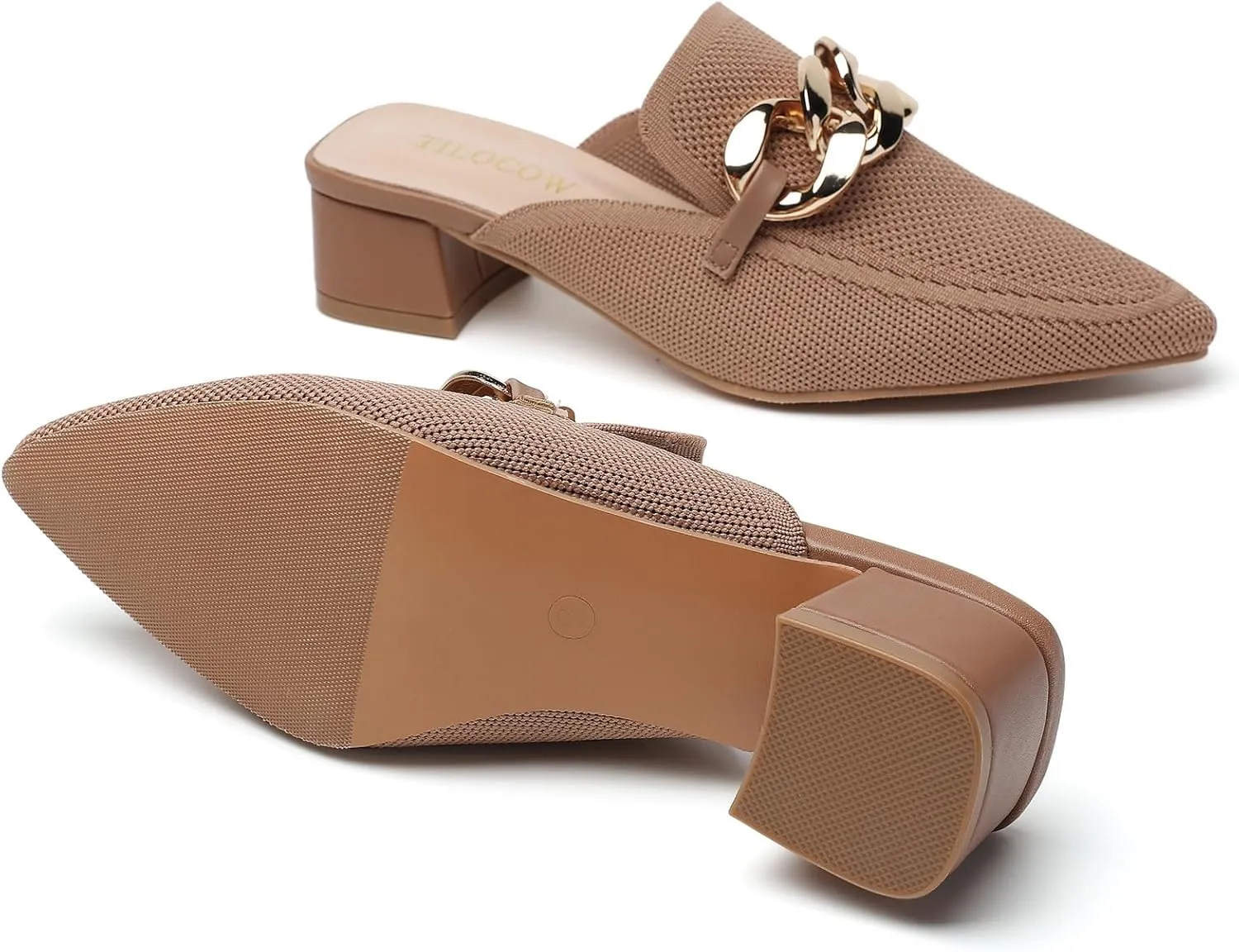 Tilocow Metal Chain Decor Mules Heels for Women Chunky Heeled Sandals Slip on Closed Toe Slides for Women Backless Mules