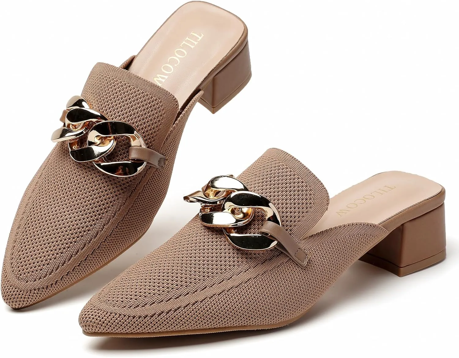 Tilocow Metal Chain Decor Mules Heels for Women Chunky Heeled Sandals Slip on Closed Toe Slides for Women Backless Mules
