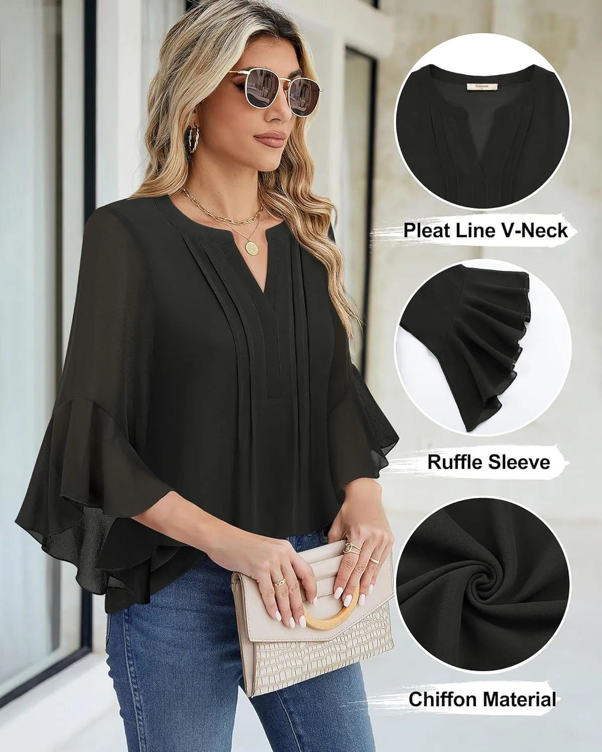 Timeson Women's 3/4 Sleeve Tops Dressy Casual Business Work Blouses Chiffon Office Shirts
