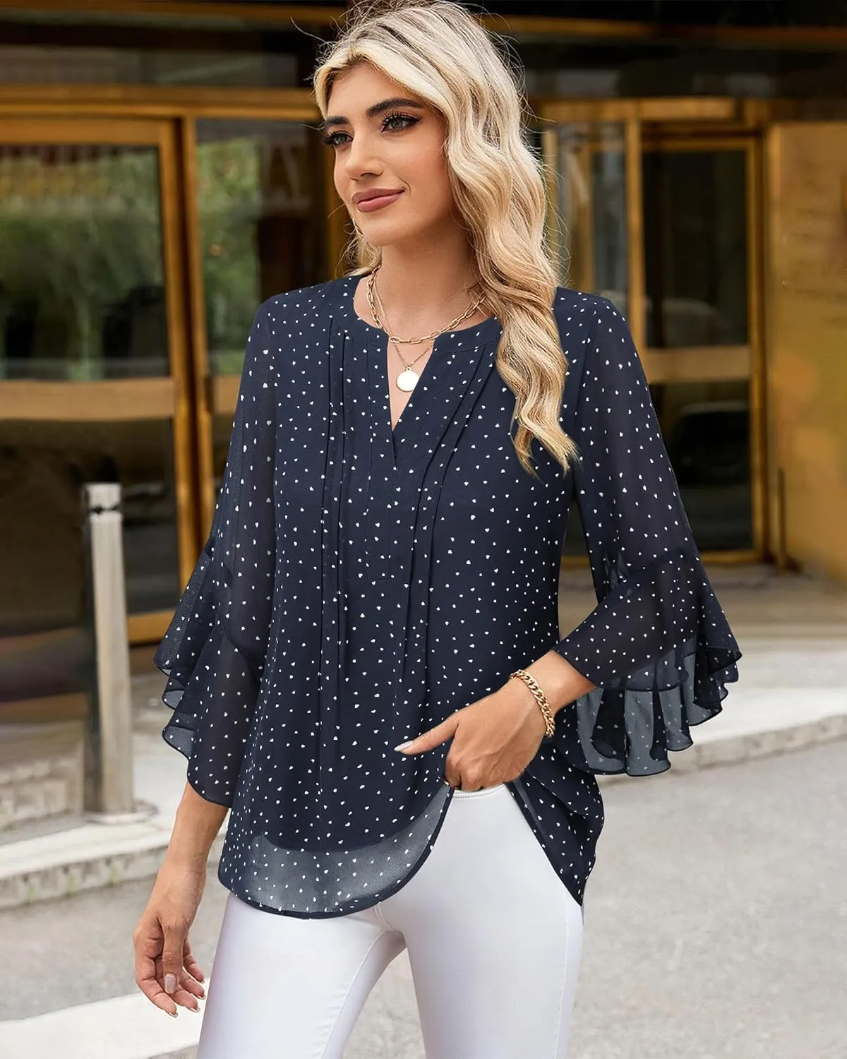Timeson Women's 3/4 Sleeve Tops Dressy Casual Business Work Blouses Chiffon Office Shirts