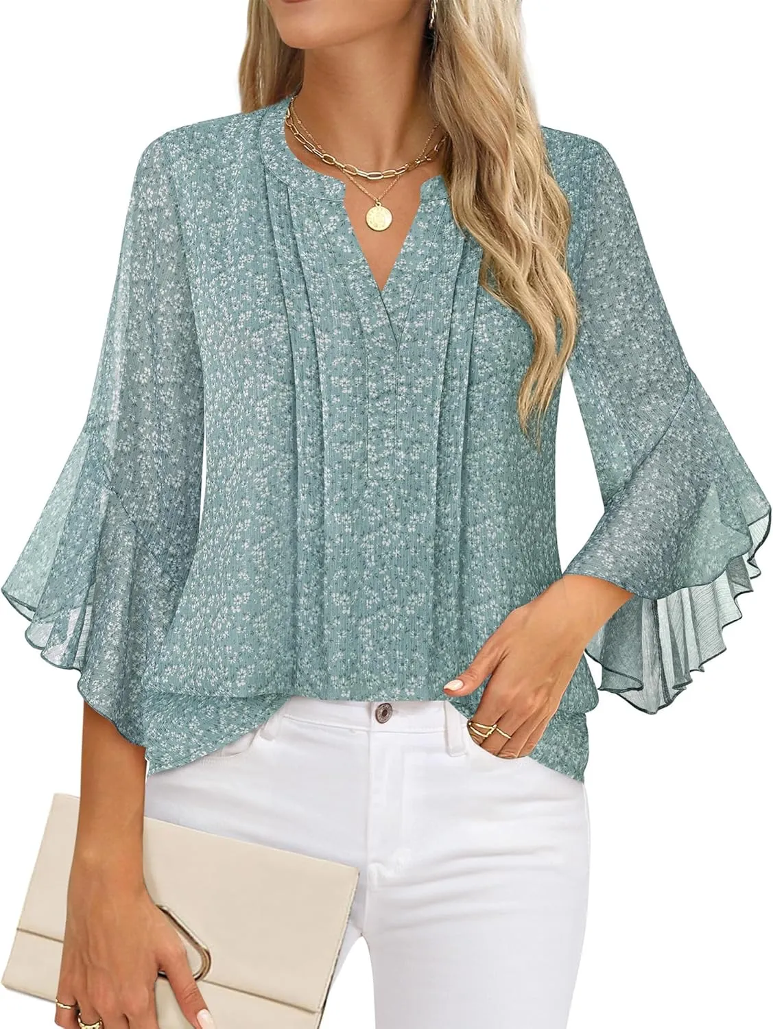 Timeson Women's 3/4 Sleeve Tops Dressy Casual Business Work Blouses Chiffon Office Shirts