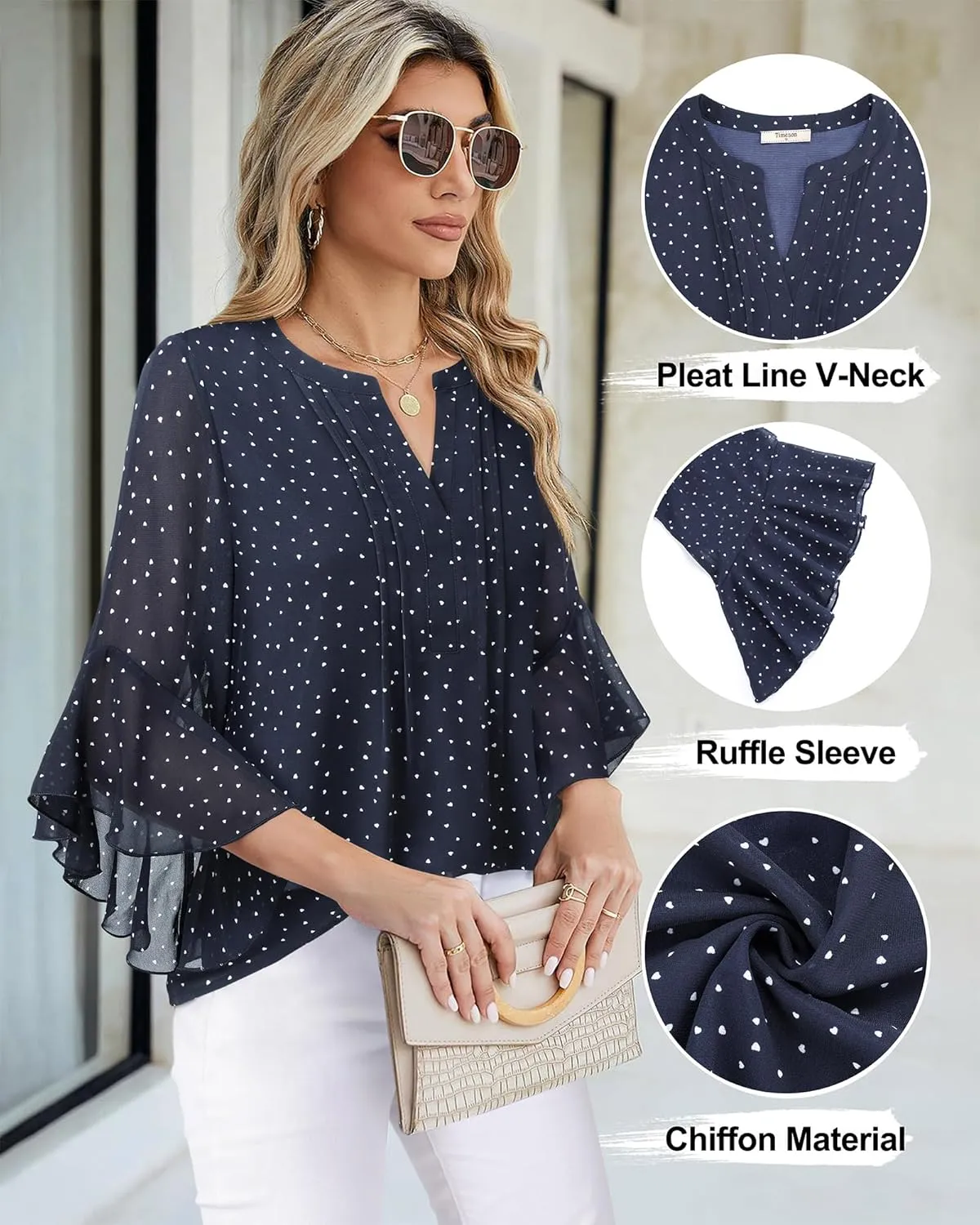 Timeson Women's 3/4 Sleeve Tops Dressy Casual Business Work Blouses Chiffon Office Shirts