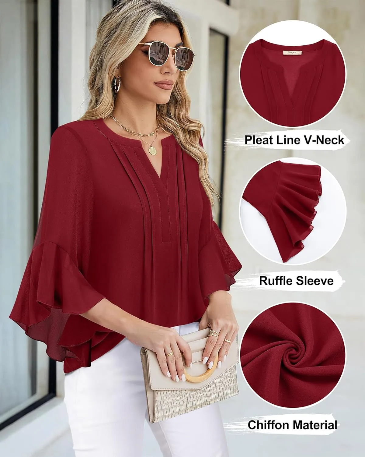 Timeson Women's 3/4 Sleeve Tops Dressy Casual Business Work Blouses Chiffon Office Shirts