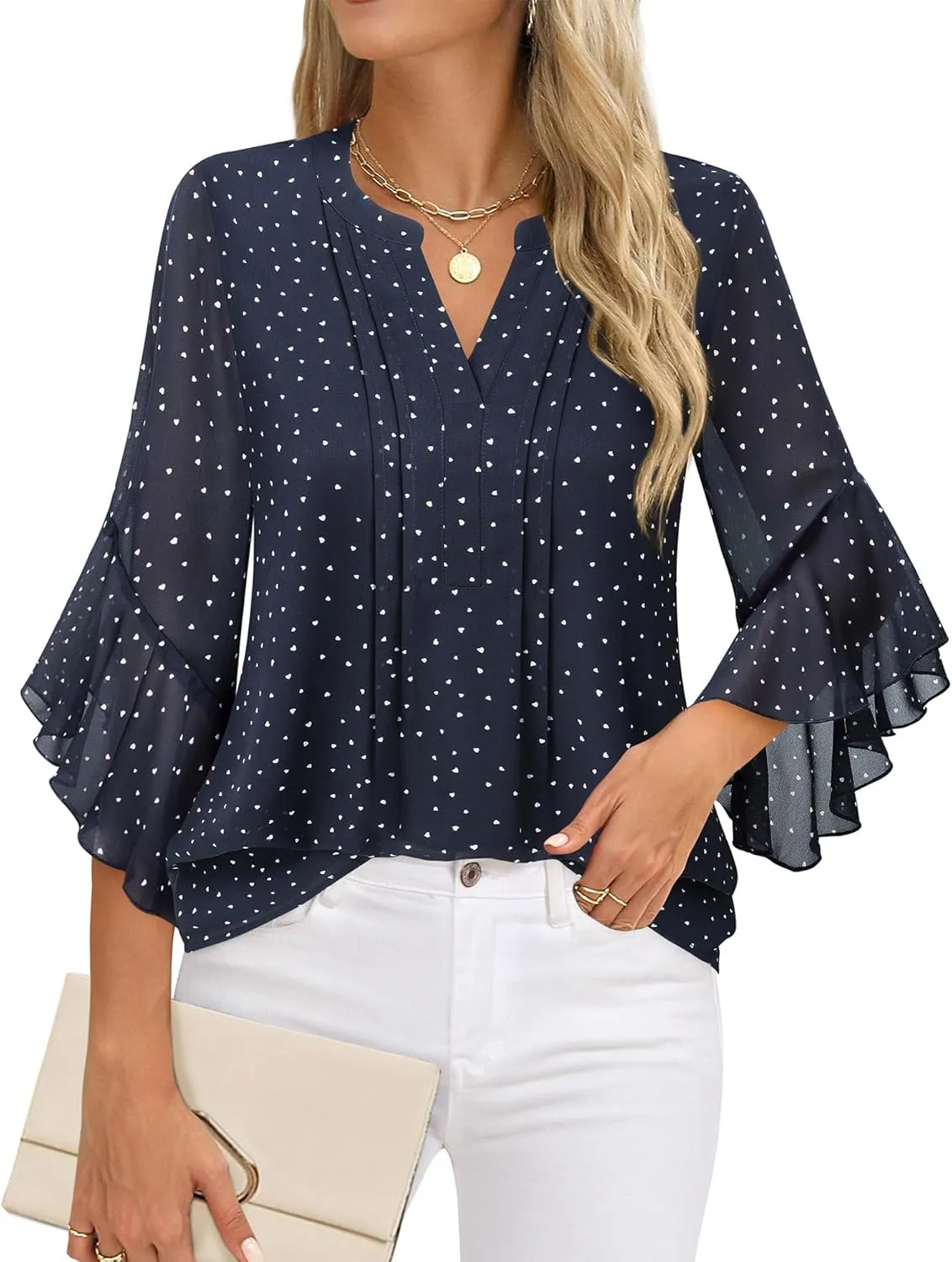 Timeson Women's 3/4 Sleeve Tops Dressy Casual Business Work Blouses Chiffon Office Shirts
