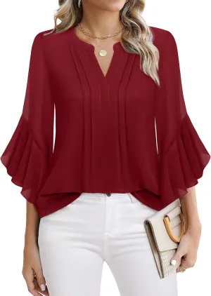 Timeson Women's 3/4 Sleeve Tops Dressy Casual Business Work Blouses Chiffon Office Shirts