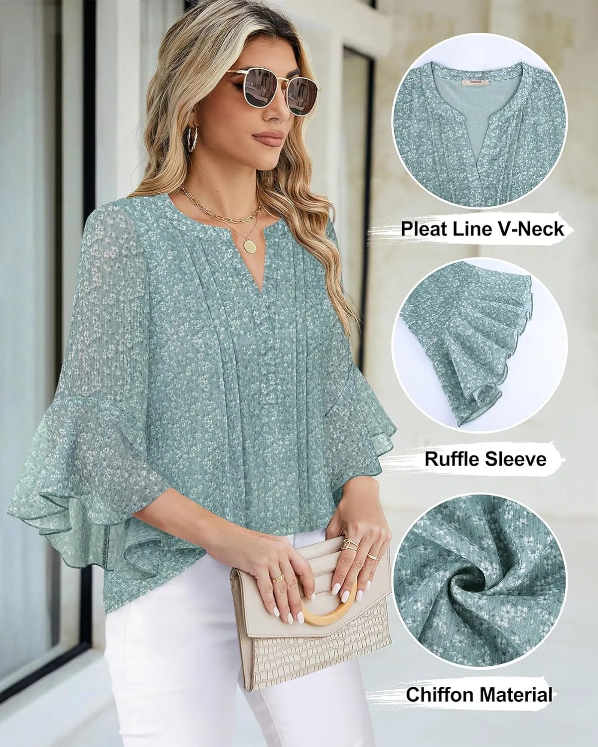 Timeson Women's 3/4 Sleeve Tops Dressy Casual Business Work Blouses Chiffon Office Shirts