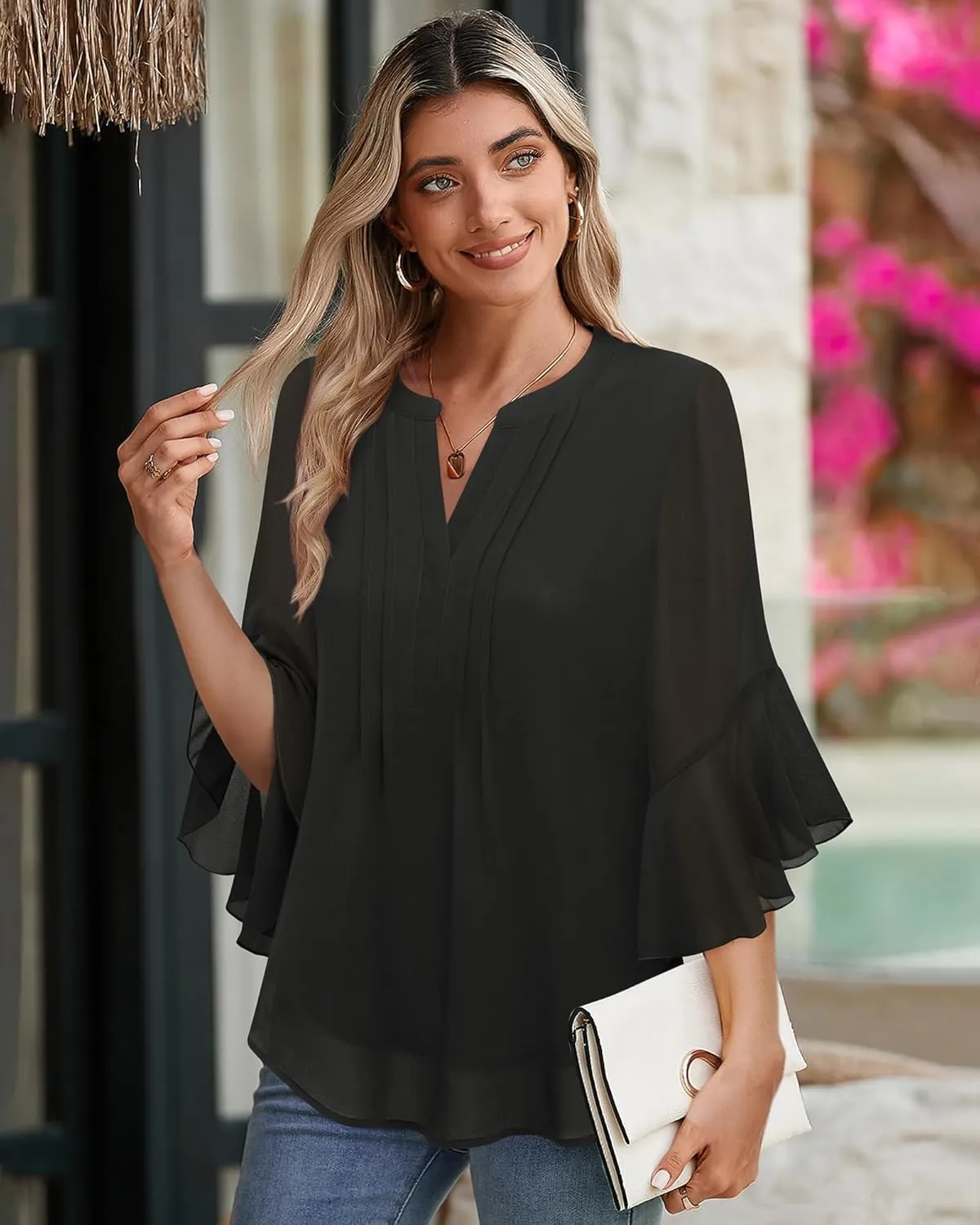 Timeson Women's 3/4 Sleeve Tops Dressy Casual Business Work Blouses Chiffon Office Shirts