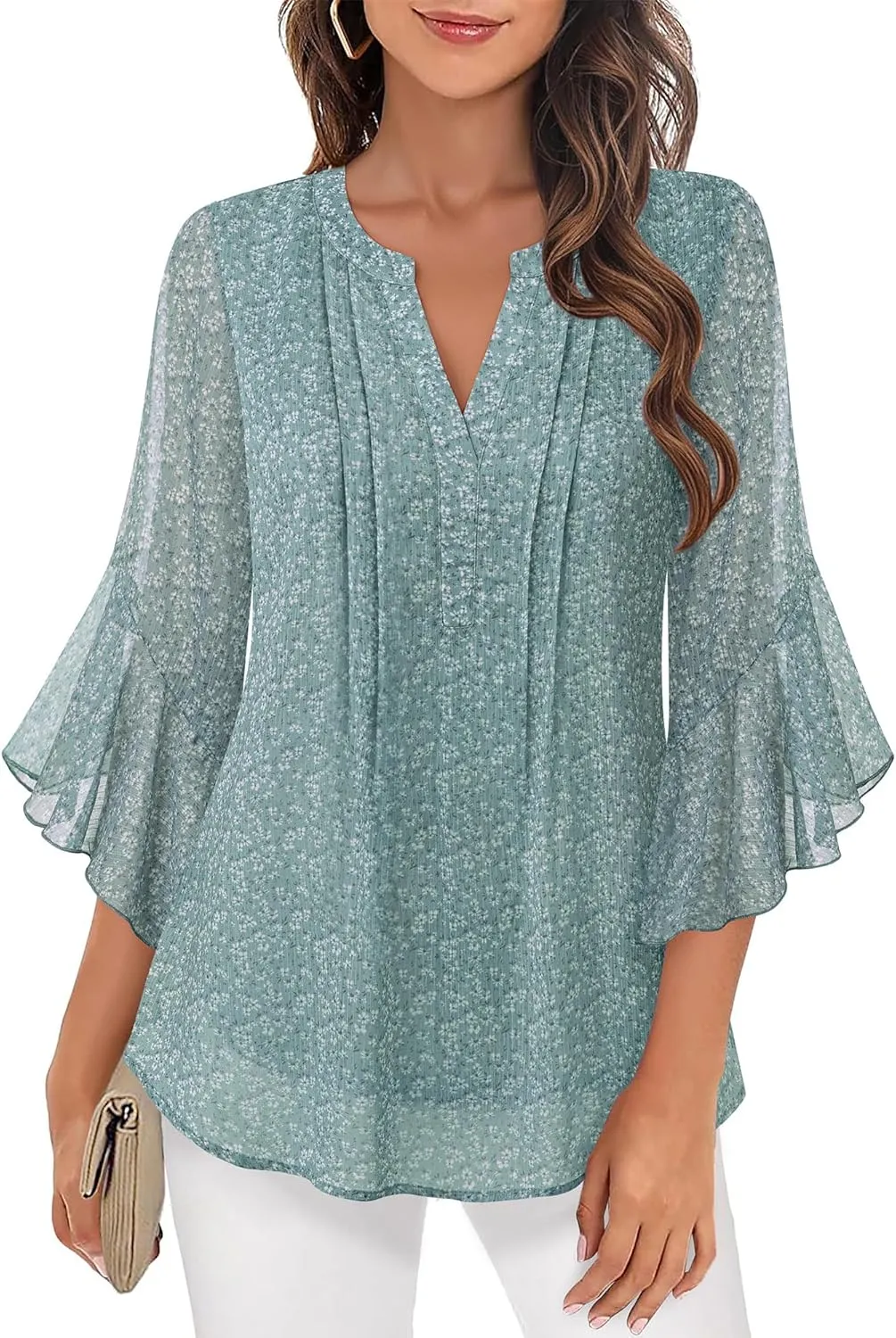 Timeson Women's 3/4 Sleeve Tops Dressy Casual Business Work Blouses Chiffon Office Shirts