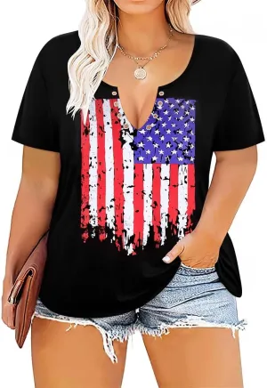 TIYOMI Plus Size T Shirt for Women Buttons Tops Short Sleeve Summer Sexy V-Neckline Shirts Solid/Tie Dye XL-5XL