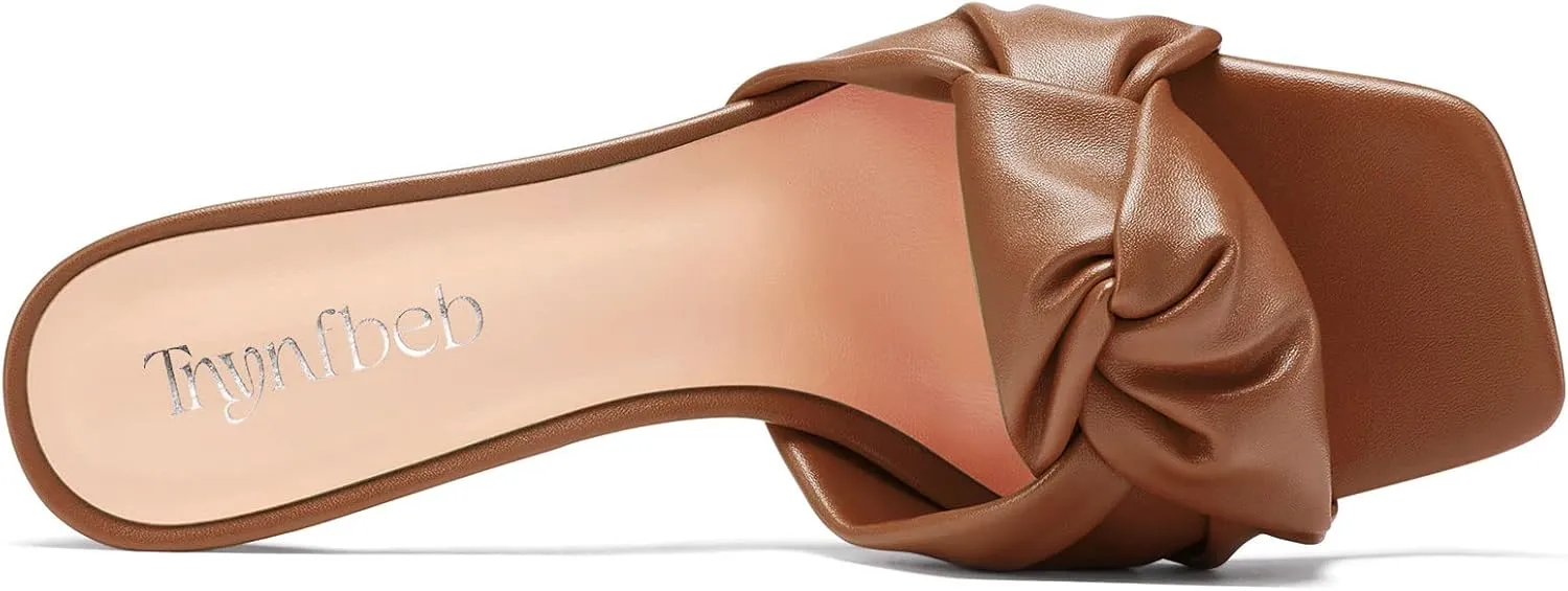 TNYNFBEB Women Chunky Block Mid Heel Square Toe Sandals Mules Shoes Slip-on Bow-knot Party Basic Classic 2.6 Inches Heels