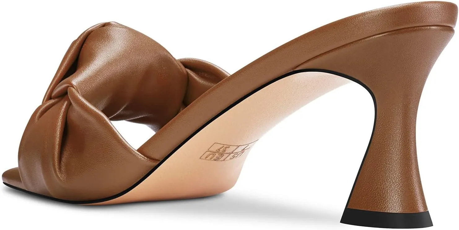 TNYNFBEB Women Chunky Block Mid Heel Square Toe Sandals Mules Shoes Slip-on Bow-knot Party Basic Classic 2.6 Inches Heels