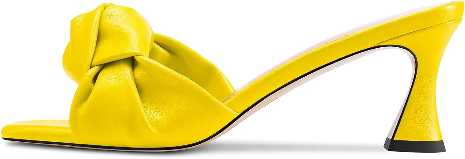 TNYNFBEB Women Chunky Block Mid Heel Square Toe Sandals Mules Shoes Slip-on Bow-knot Party Basic Classic 2.6 Inches Heels