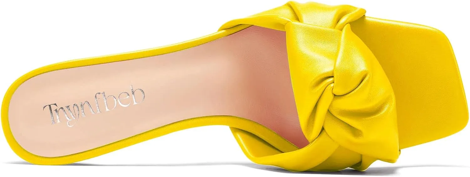 TNYNFBEB Women Chunky Block Mid Heel Square Toe Sandals Mules Shoes Slip-on Bow-knot Party Basic Classic 2.6 Inches Heels