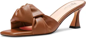 TNYNFBEB Women Chunky Block Mid Heel Square Toe Sandals Mules Shoes Slip-on Bow-knot Party Basic Classic 2.6 Inches Heels