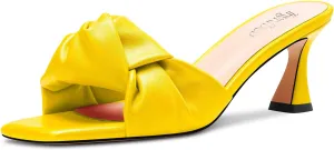 TNYNFBEB Women Chunky Block Mid Heel Square Toe Sandals Mules Shoes Slip-on Bow-knot Party Basic Classic 2.6 Inches Heels