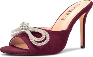TNYNFBEB Womens Stiletto High Heel Peep Open Toe Sandals Mules Shoes Slingback Slip-on Rhinestone Crystal Bow-knot Prom Dress 3.9 Inches Heels