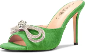TNYNFBEB Womens Stiletto High Heel Peep Open Toe Sandals Mules Shoes Slingback Slip-on Rhinestone Crystal Bow-knot Prom Dress 3.9 Inches Heels