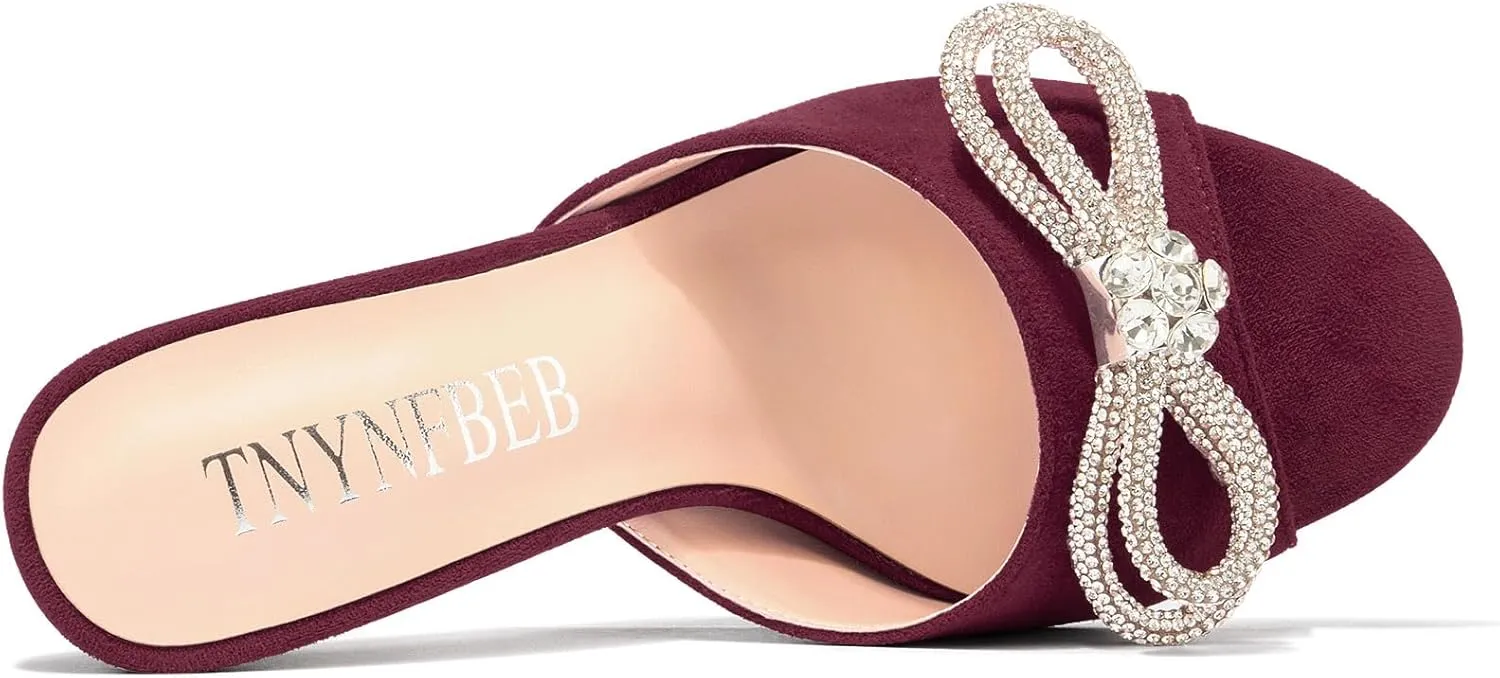 TNYNFBEB Womens Stiletto High Heel Peep Open Toe Sandals Mules Shoes Slingback Slip-on Rhinestone Crystal Bow-knot Prom Dress 3.9 Inches Heels