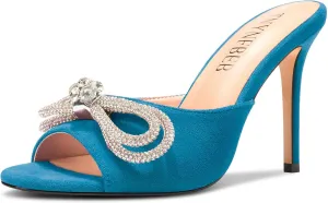TNYNFBEB Womens Stiletto High Heel Peep Open Toe Sandals Mules Shoes Slingback Slip-on Rhinestone Crystal Bow-knot Prom Dress 3.9 Inches Heels