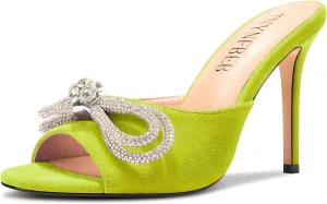 TNYNFBEB Womens Stiletto High Heel Peep Open Toe Sandals Mules Shoes Slingback Slip-on Rhinestone Crystal Bow-knot Prom Dress 3.9 Inches Heels