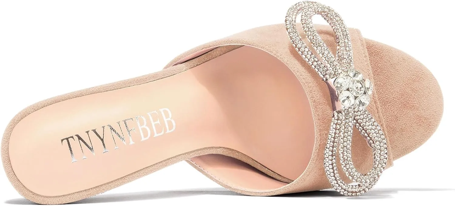 TNYNFBEB Womens Stiletto High Heel Peep Open Toe Sandals Mules Shoes Slingback Slip-on Rhinestone Crystal Bow-knot Prom Dress 3.9 Inches Heels