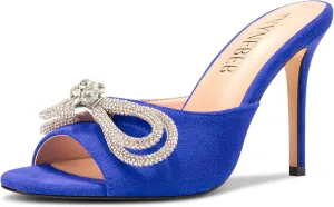 TNYNFBEB Womens Stiletto High Heel Peep Open Toe Sandals Mules Shoes Slingback Slip-on Rhinestone Crystal Bow-knot Prom Dress 3.9 Inches Heels