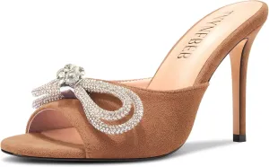 TNYNFBEB Womens Stiletto High Heel Peep Open Toe Sandals Mules Shoes Slingback Slip-on Rhinestone Crystal Bow-knot Prom Dress 3.9 Inches Heels