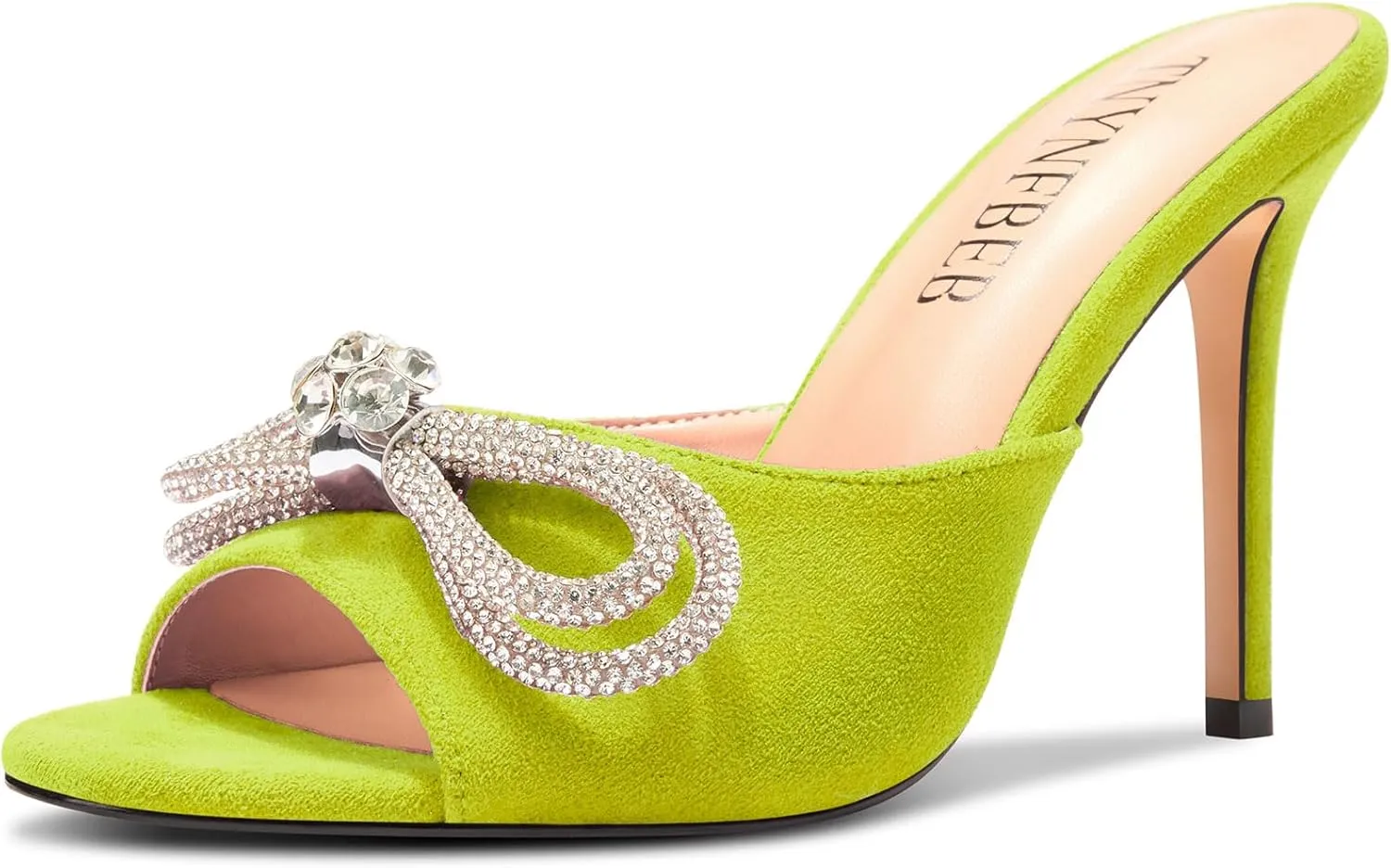 TNYNFBEB Womens Stiletto High Heel Peep Open Toe Sandals Mules Shoes Slingback Slip-on Rhinestone Crystal Bow-knot Prom Dress 3.9 Inches Heels