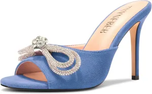 TNYNFBEB Womens Stiletto High Heel Peep Open Toe Sandals Mules Shoes Slingback Slip-on Rhinestone Crystal Bow-knot Prom Dress 3.9 Inches Heels