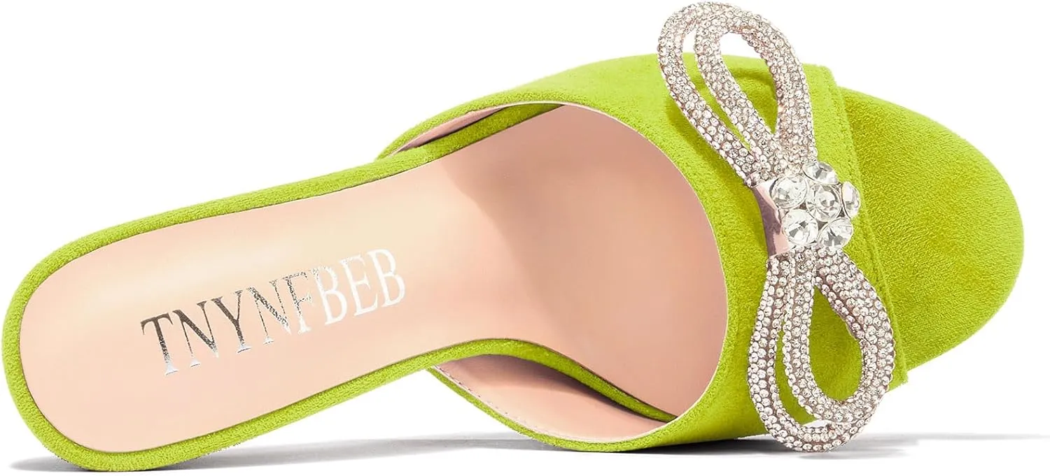 TNYNFBEB Womens Stiletto High Heel Peep Open Toe Sandals Mules Shoes Slingback Slip-on Rhinestone Crystal Bow-knot Prom Dress 3.9 Inches Heels