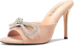 TNYNFBEB Womens Stiletto High Heel Peep Open Toe Sandals Mules Shoes Slingback Slip-on Rhinestone Crystal Bow-knot Prom Dress 3.9 Inches Heels