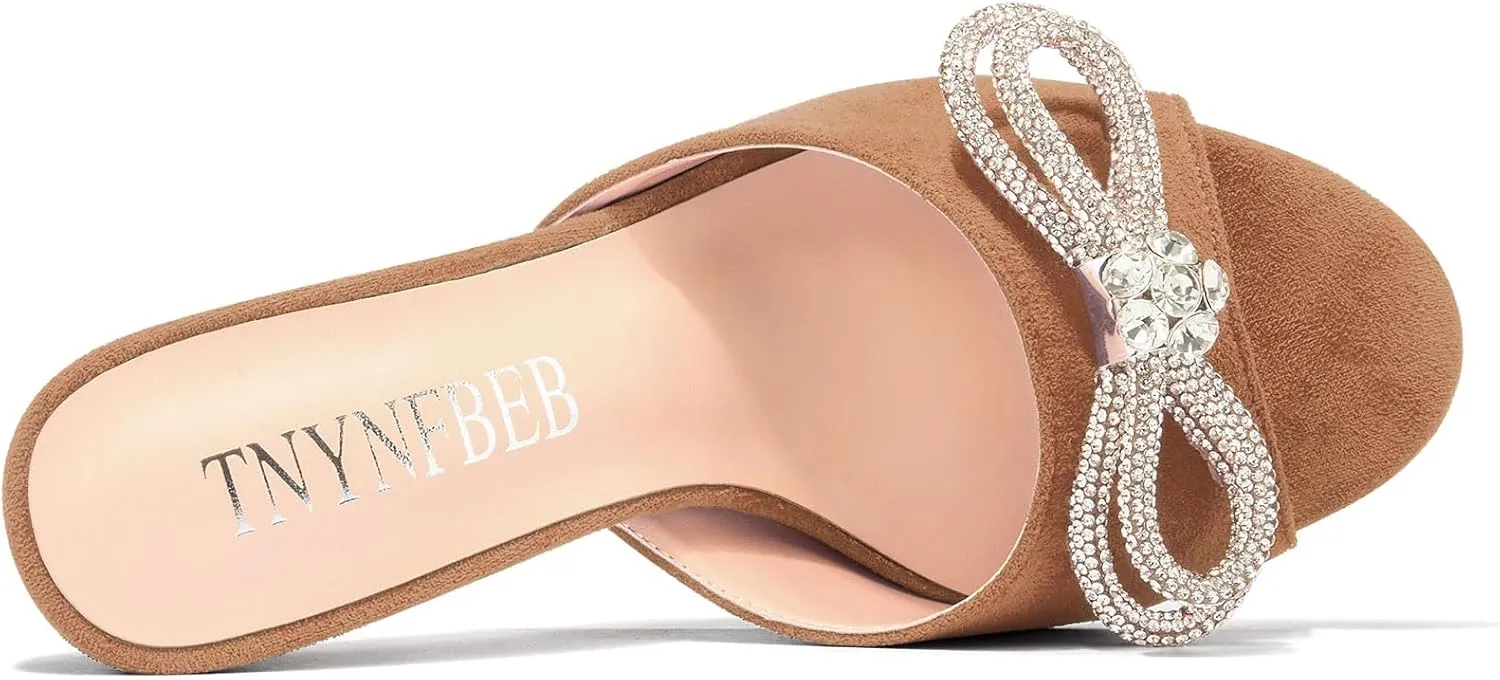 TNYNFBEB Womens Stiletto High Heel Peep Open Toe Sandals Mules Shoes Slingback Slip-on Rhinestone Crystal Bow-knot Prom Dress 3.9 Inches Heels