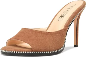 TNYNFBEB Womens Stiletto High Heel Peep Open Toe Sandals Mules Shoes Slingback Slip-on Sliver Beaded Prom Dress 3.9 Inches Heels