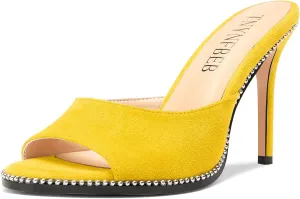TNYNFBEB Womens Stiletto High Heel Peep Open Toe Sandals Mules Shoes Slingback Slip-on Sliver Beaded Prom Dress 3.9 Inches Heels