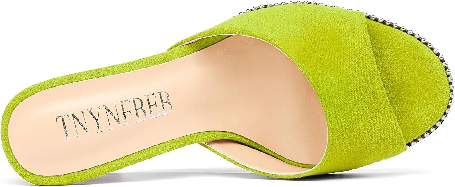 TNYNFBEB Womens Stiletto High Heel Peep Open Toe Sandals Mules Shoes Slingback Slip-on Sliver Beaded Prom Dress 3.9 Inches Heels