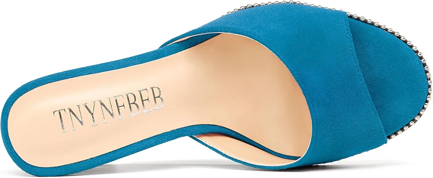 TNYNFBEB Womens Stiletto High Heel Peep Open Toe Sandals Mules Shoes Slingback Slip-on Sliver Beaded Prom Dress 3.9 Inches Heels