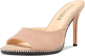 TNYNFBEB Womens Stiletto High Heel Peep Open Toe Sandals Mules Shoes Slingback Slip-on Sliver Beaded Prom Dress 3.9 Inches Heels
