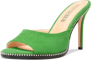 TNYNFBEB Womens Stiletto High Heel Peep Open Toe Sandals Mules Shoes Slingback Slip-on Sliver Beaded Prom Dress 3.9 Inches Heels