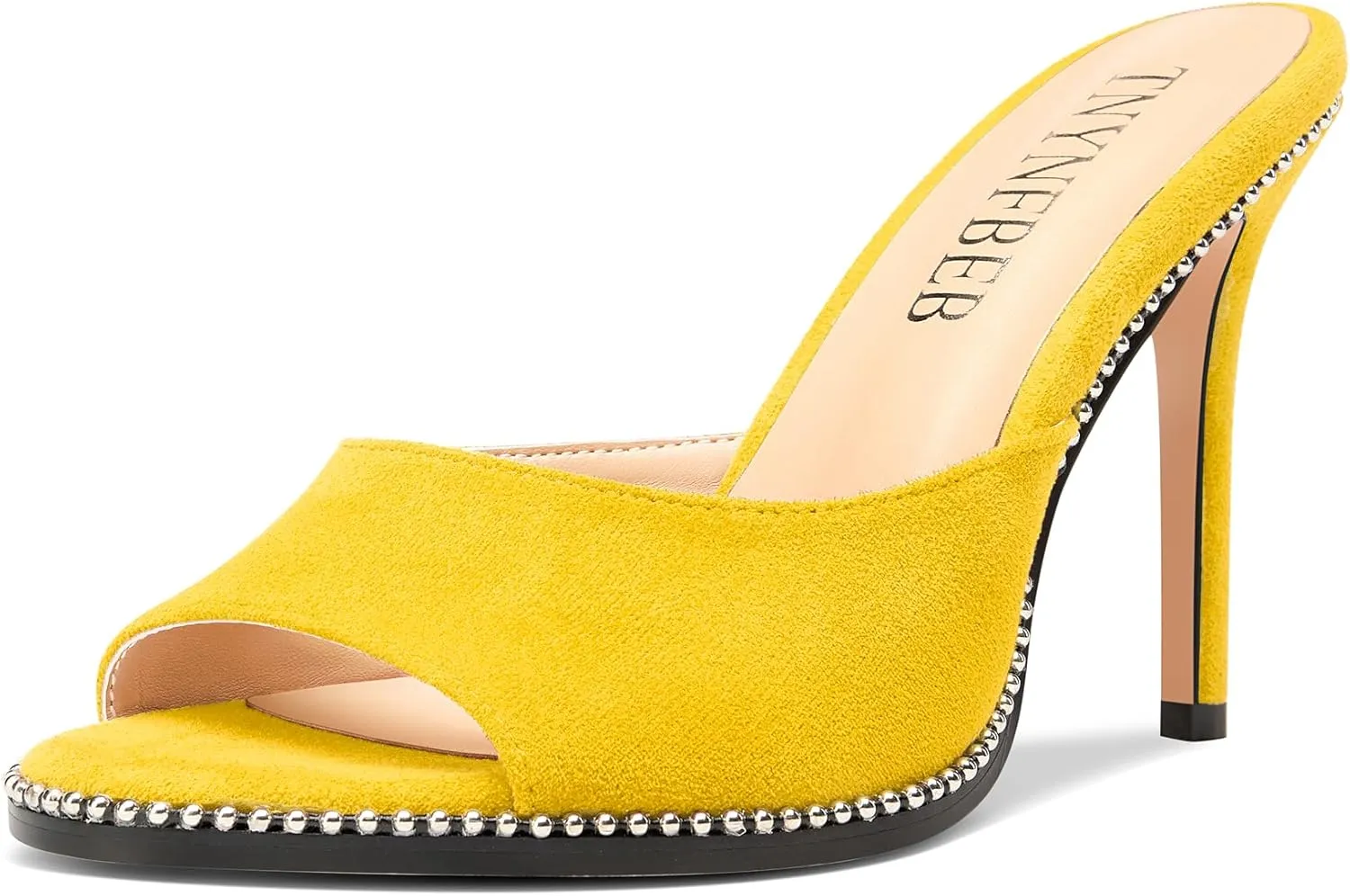 TNYNFBEB Womens Stiletto High Heel Peep Open Toe Sandals Mules Shoes Slingback Slip-on Sliver Beaded Prom Dress 3.9 Inches Heels