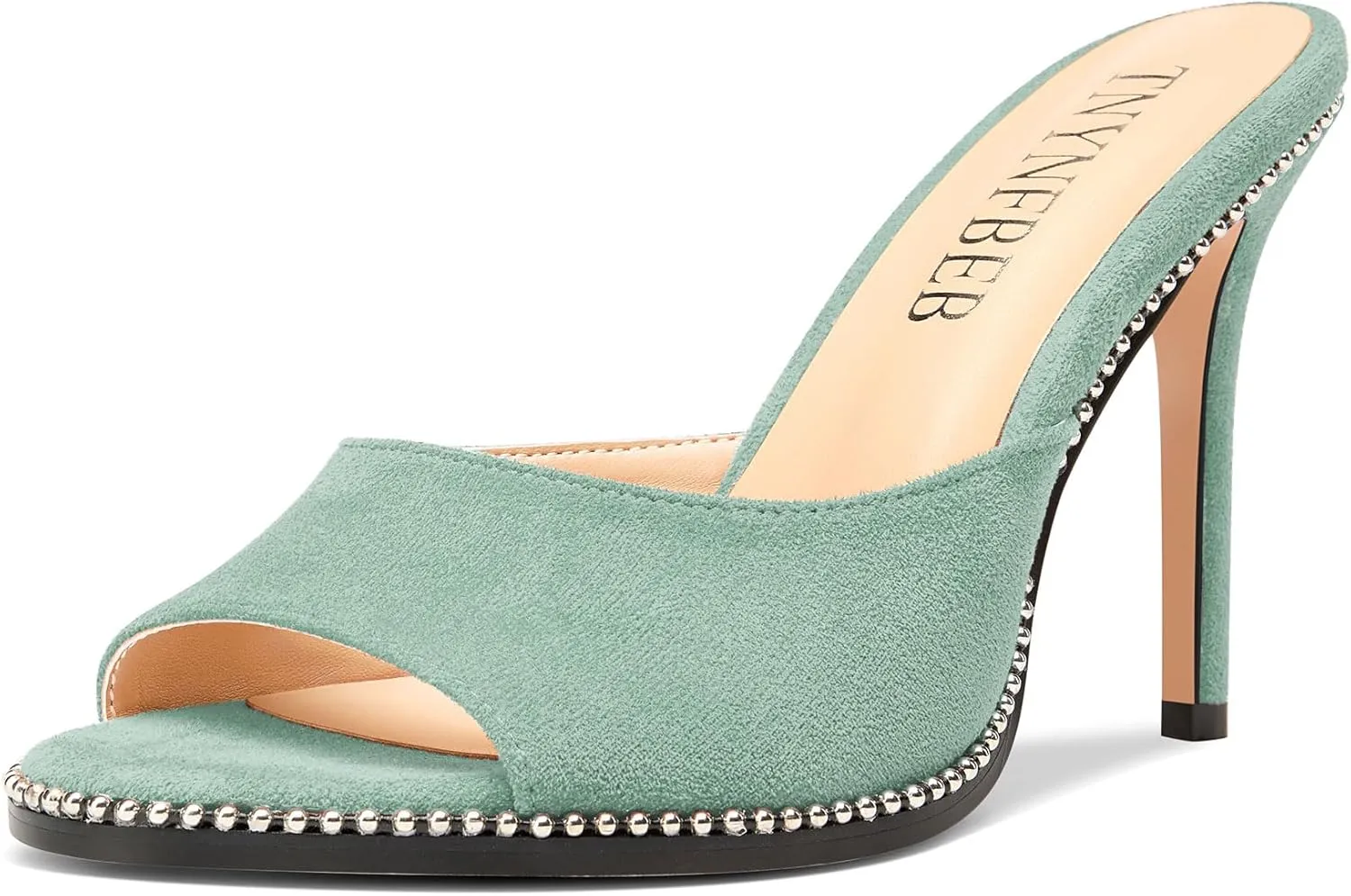 TNYNFBEB Womens Stiletto High Heel Peep Open Toe Sandals Mules Shoes Slingback Slip-on Sliver Beaded Prom Dress 3.9 Inches Heels