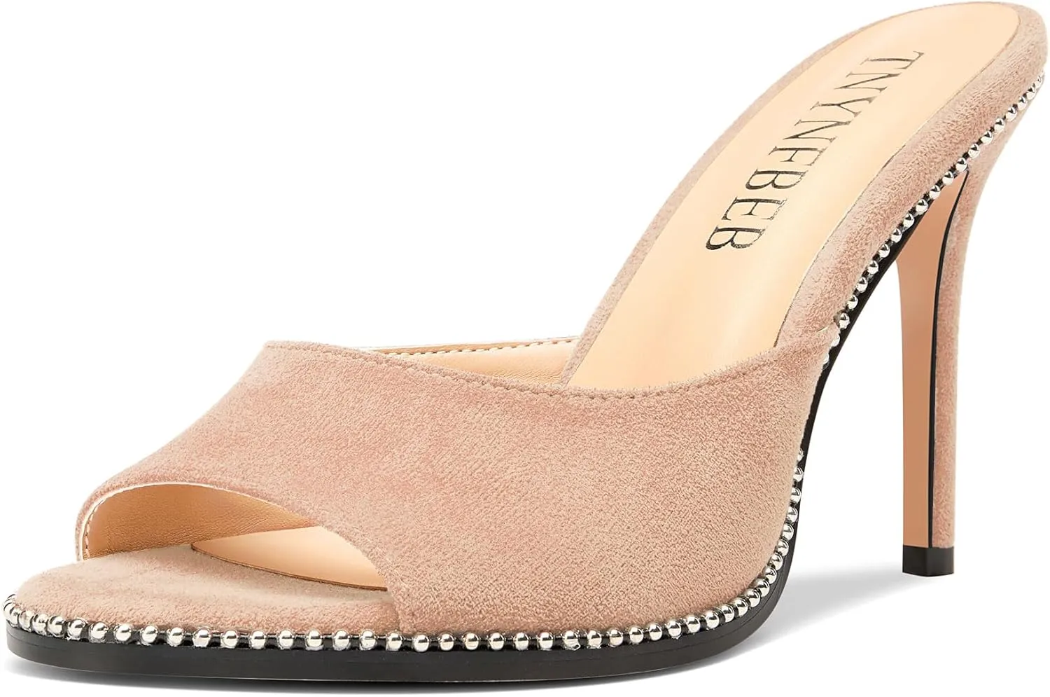 TNYNFBEB Womens Stiletto High Heel Peep Open Toe Sandals Mules Shoes Slingback Slip-on Sliver Beaded Prom Dress 3.9 Inches Heels