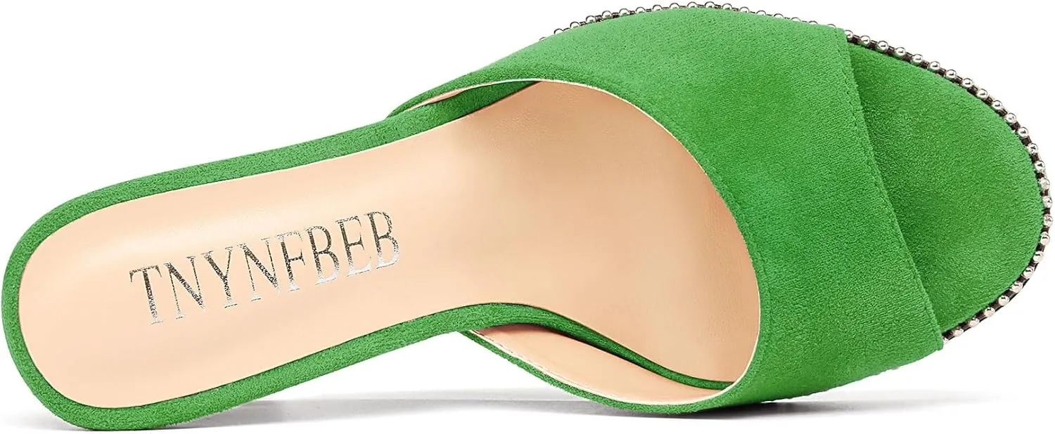 TNYNFBEB Womens Stiletto High Heel Peep Open Toe Sandals Mules Shoes Slingback Slip-on Sliver Beaded Prom Dress 3.9 Inches Heels