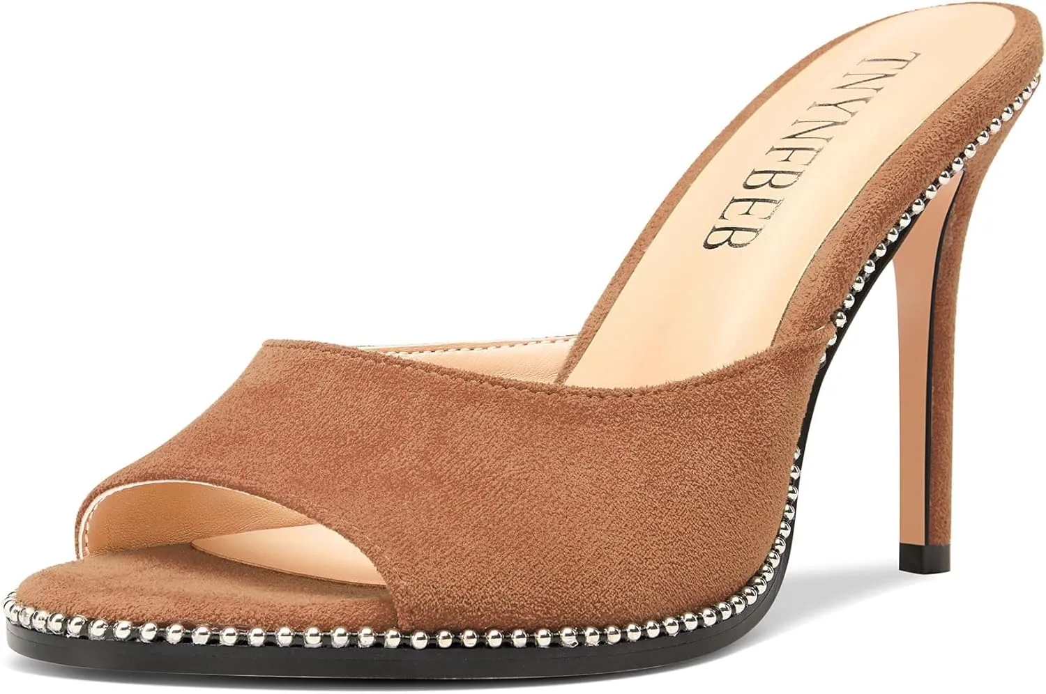 TNYNFBEB Womens Stiletto High Heel Peep Open Toe Sandals Mules Shoes Slingback Slip-on Sliver Beaded Prom Dress 3.9 Inches Heels
