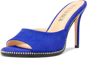 TNYNFBEB Womens Stiletto High Heel Peep Open Toe Sandals Mules Shoes Slingback Slip-on Sliver Beaded Prom Dress 3.9 Inches Heels